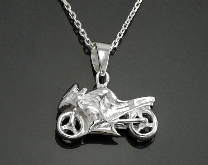 Motorcycle Pendant, Silver Modern Motorbike Necklace Charm, Sports Biker Super-bike Fanatics Motorcyclist Jewelry Racing Moto Biker Gifts