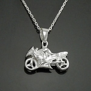 Motorcycle Pendant, Silver Modern Motorbike Necklace Charm, Sports Biker Super-bike Fanatics Motorcyclist Jewelry Racing Moto Biker Gifts