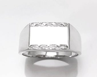 Rectangle Signet Ring, Sterling Silver, Mens Signet Ring, Diamond Faceted Borders, Unisex jewelry Gift, Engraving Name Initials Option