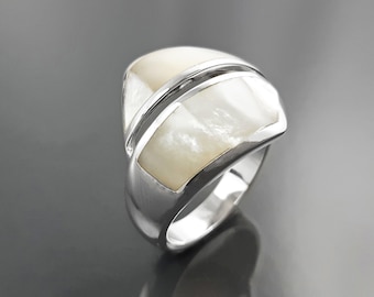 Anillo de derivación, plata de ley, anillo de cruce de piedras preciosas de perla de concha, diseñador, anillo de piedra plana geométrica, joyería moderna cuadrada, anillo único