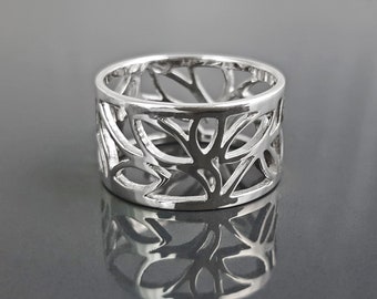 Sterling Silver Tree of Life Filigree Ring, Engraved Leaf Band Jewelry