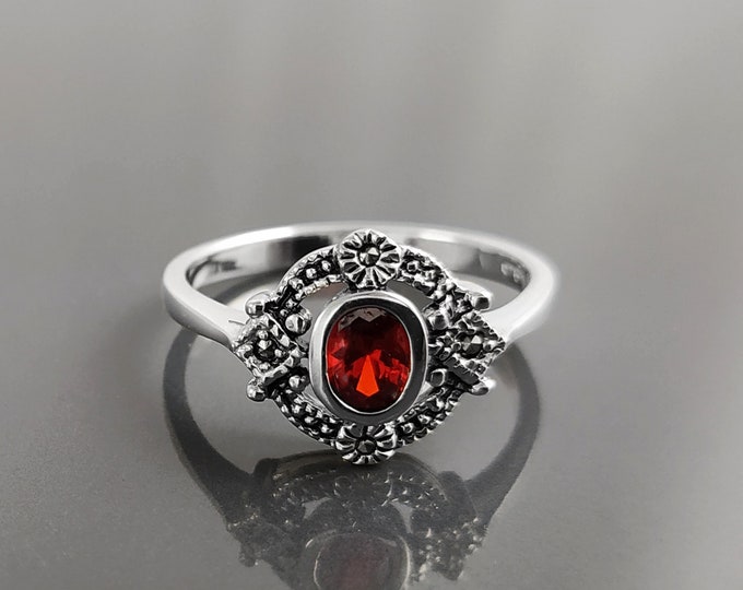 Red Garnet Color Ring, Sterling Silver ring with Oval Red Cz and Marcasites Stones, Medieval Round Vintage Art-Deco Design Jewelry