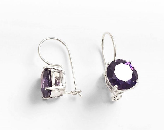 Purple Drop Earrings, 925 Sterling Silver, Big Violet Solitaire 10mm Round Stone, 6ct Amethyst simulant (CZ), Birthday gift, Hook Earrings