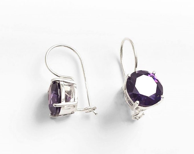 Purple Drop Earrings, 925 Sterling Silver, Violet Solitaire 10mm Round Stone, 6ct Amethyst simulant (CZ), Birthday gift, Hook Earrings