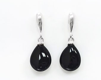 ONYX Stone 925 Earrings Sterling Silver, Black Gemstone Silver Earrings, Dangly Sterling Silver Earrings, Small Teardrop Stone Earrings.