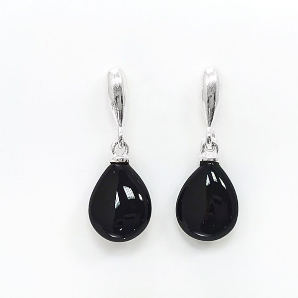 ONYX Noir Argent Boucles d'oreilles Courte et Pendantes sur Tige- Bijoux Argent 925 - Pierre ONYX - Bijoux Pierre Noire en Gouttes