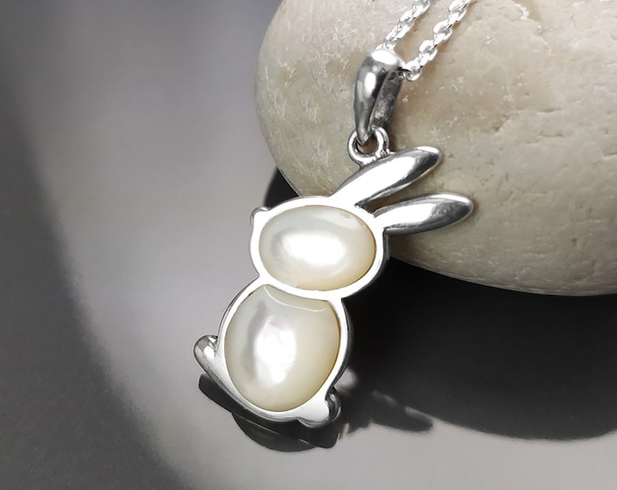 Rabbit Pendant, sterling silver, white mother of pearl Shell, adorable whimsical bunny for animal lovers, minimalist necklace everyday wear