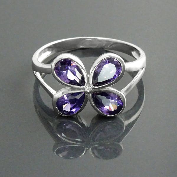 Purple Ring, Sterling Silver, Lab Amethyst Color Stone (CZ), Flower Petals Ring, Modern Minimalist Ring for Woman, Violet Square Clover
