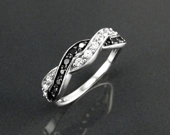 Black and White Diamond Twist Ring by KRAMIKE • Crossing Two Colors Ring • Sterling Silver • Gift For Her • Perfect Anniversary Gift • KR068