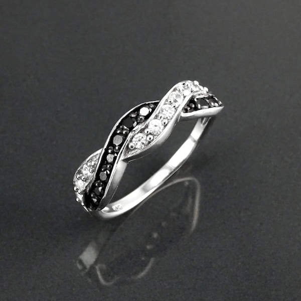 Black & White Cross Ring, Sterling Silver, Crossing Waves Band, Lab Diamonds simulant (CZ), Modern Minimalist Eternity bicolor Jewelry