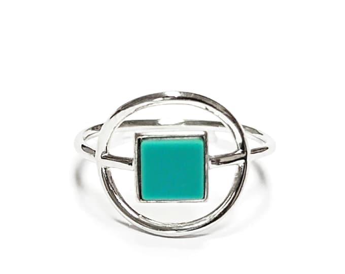 Turquoise ring, sterling silver, reconstituted square turquoise stone, small everyday blue stone jewelry, modern minimalist round style ring