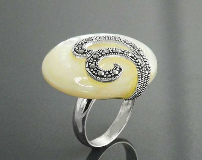 Art Deco Marcasite Ring, Sterling Silver, Vintage Marcasites Ring, Round Disc GENUINE Mother of Pearl, Reissued Retro Inspired Jewelry