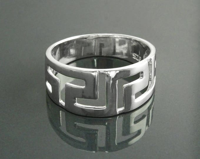 Meander Ring, Sterling Silver, Antique Greek Long Life Key Symbol Jewelry, Eternity Band, Vintage Hellenic Spiral Ring, Large Frieze Ring