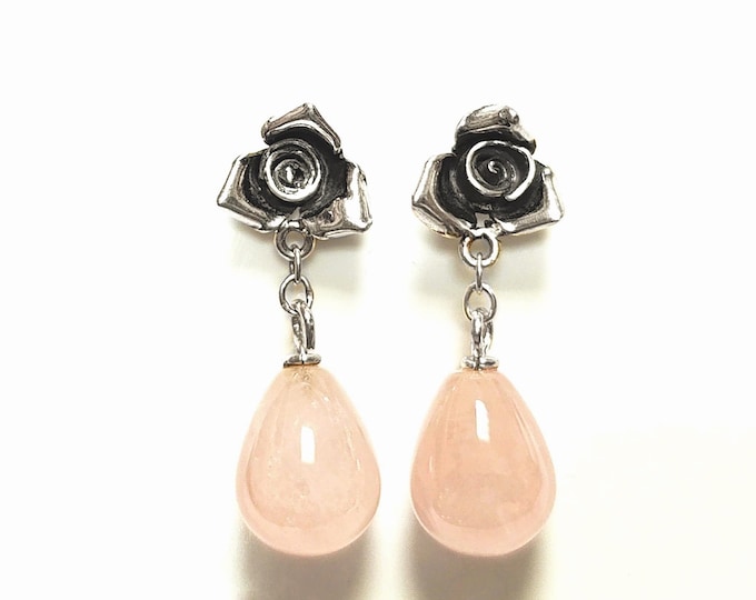 Drop Rose Earrings • Sterling Silver • Dangle Pear Shaped Pink Quartz Stone • Vintage Roses Flower Rosebuds Jewelry • Romantic Gift for Her