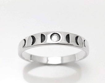 Bague phases de la lune, argent 925, cycle lunaire astronomique, Croissant de Lune, Pleine lune, bijou cosmique, thème céleste stellaire