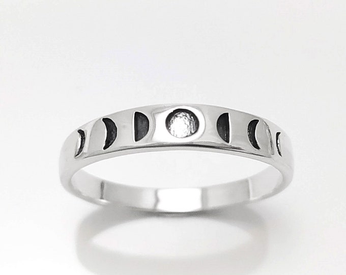 Phases of Moon Ring, Sterling Silver, Astronomical Lunar Phases Cycle, Celestial Crescent Full Moon Phase Band, Stellar Cosmic Jewelry