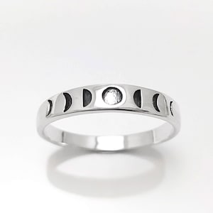 Ring maanfasen, sterlingzilver, astronomische maanfasencyclus, maanfase band hemelse sikkel, stellaire kosmische sieraden