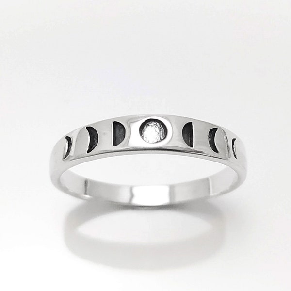 Phases of Moon Ring, Sterling Silver, Astronomical Lunar Phases Cycle, Celestial Crescent Full Moon Phase Band, Stellar Cosmic Jewelry