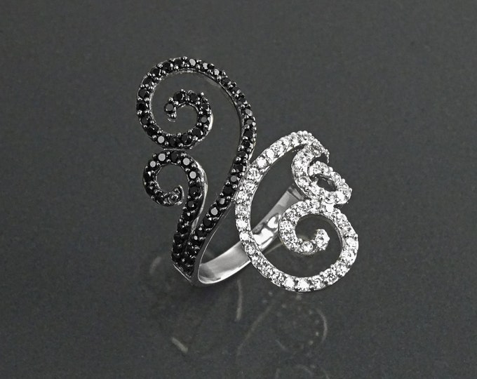 Art Deco Ring, Sterling Silver, Bypass scrolling Spirals Winding Ring, Black & White Stones (CZ) Jewelry, Cocktail Ring, Statement Ring