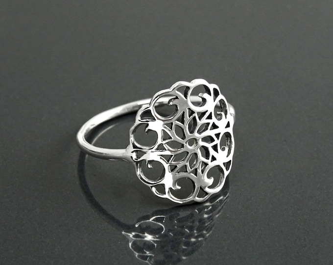 Seed of Life Ring, Sterling Silver, Flower of Life Ring, Sacred Geometry Ring, Dainty Thin Filigree Ring, Round Mandala Spiritual Jewelry