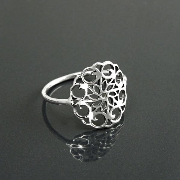 Seed of Life Ring, Sterling Silver, Flower of Life Ring, Sacred Geometry Ring, Dainty Thin Filigree Ring, Round Mandala Spiritual Jewelry