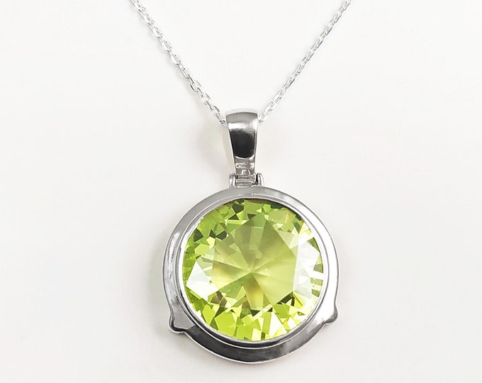 Round Pendant, Sterling Silver Jewelry, Manmade Deep Green Peridot Colored Cz Stone, Statement Big Round, Women Necklace Gift