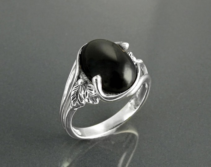 Leaf Silver Ring, Onyx Sterling Silver, Stunning GENUINE Gemstone, Boho Unisex Ring, Flat Oval Black Stone Ring,Intricate Antique Rope Shank