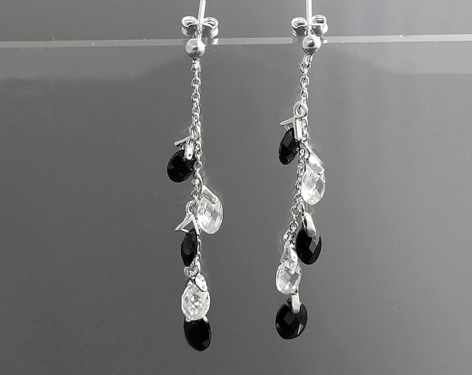 Black earrings, sterling silver, teardrop blackberry grape cz stones bunch earrings, dark blackberries crystal color, modern drop jewelry