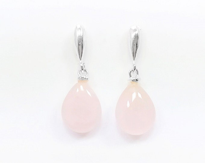 PINK Stone 925 Earrings Sterling Silver, Pink Quartz Silver Earrings, Dangly Sterling Silver Earrings, Small Teardrop Pink Quartz Earrings.