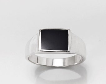 Signet Ring, Sterling Silver, Pinky Ring, Square Black Onyx Stone Ring, Unisex Minimalist Modern Design Jewelry, Father's Day gift