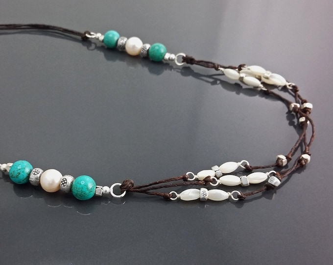 Turquoise Necklace, Sterling Silver, Brown Leather, Turquoise Stone Necklace, White Shell Pearl, Mother of Pearl Shell Bead, Boho Ethnic