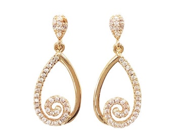 Drop spiral earrings golden with 18K genuine gold plated, set with sparkling cubic zirconia Cz stones. Dangle pendant earrings