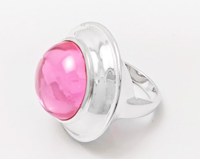 Pink Stone Ring, Sterling Silver, Rose Round Domed Stone, flying saucer Ring, Statement Modern original Design Jewelry