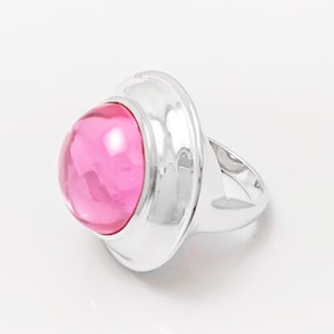 Rosa Stein Ring, Sterling Silber, Rose Runde gewölbte Stein, fliegende Untertasse Ring, Statement Moderne original Design Schmuck