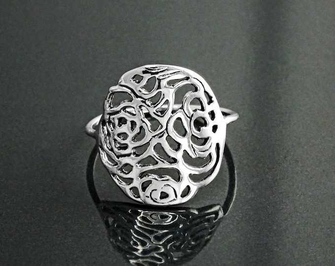 Rose Filigree Ring, Sterling Silver, Rose Blossom Ring, Romantic Flower Ring, Rosebud Ring, Antique Rose Jewelry, Dainty Flat Flower Ring