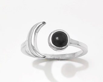 Crescent Moon Ring, Sterling Silver, Boho Chakra Stellar Cosmic Jewelry, Lunar Open Ring, Celestial Round Stone, Genuine Black Onyx Gemstone