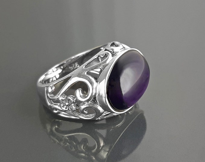 boho amethyst ring, sterling silver, genuine purple amethyst stone ring, vintage art nouveau jewelry art deco