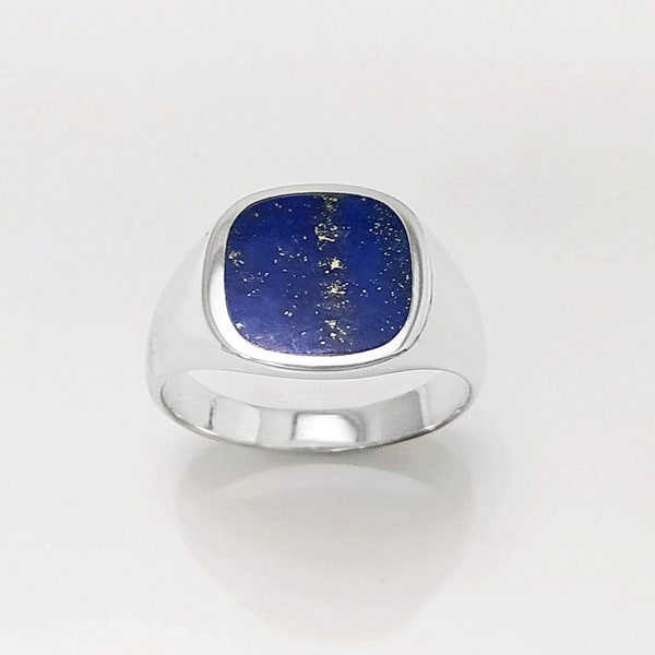 Chevalière Lapis bleu, Lapis Véritable, Bague Chevalière Argent 925, Pierre Carré, Bague pour Homme et Femme, Bijou Unisexe, Cadeau de Noël