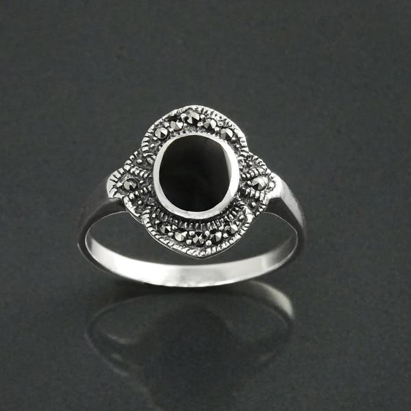 Art-Deco Black Ring, Sterling Silver ring with flat Oval Black Onyx Stone and Marcasite Stones, Vintage Design Jewelry