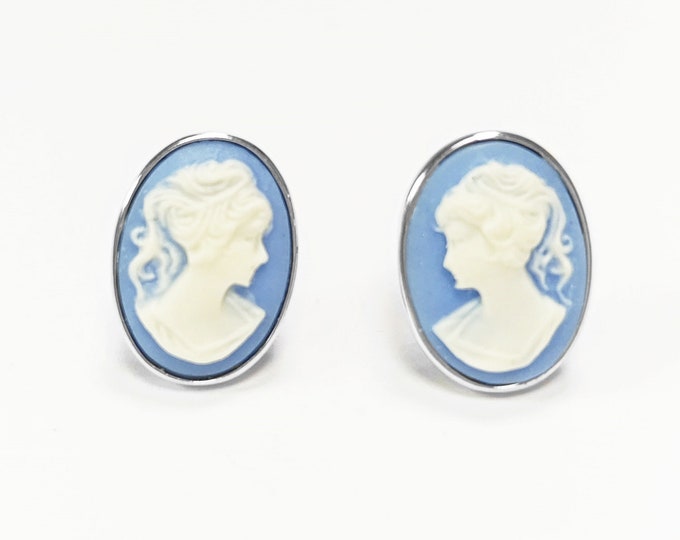 Cameo Earrings - Sterling Silver Oval Blue and white Resin stone - woman face portrait cameo - Vintage Victorian Jewelry - studs Earrings