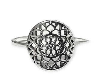 Blume des Lebensrings, Sterlingsilber, Samen des Lebensrings, spirituell heiliger Mandala-Geometrie-Ring, zierlich rund filigran