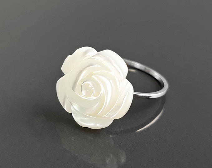 Rose Blossom Ring, Sterling Silver, Romantic Rose Flower, Delicate Engraved Mother-of-Pearl Rosebud, Promise jewelry, Dainty Everyday Ring