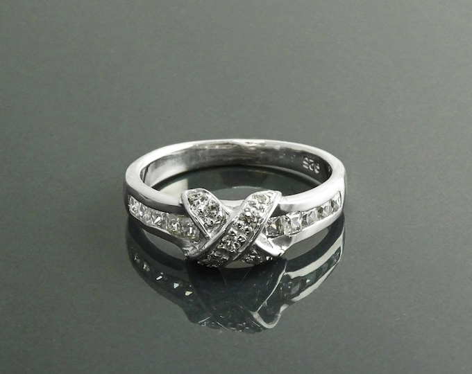 Node Ring, Sterling Silver, White Clear Stone CZ, Cross Band Ring, Engagement Jewelry, Crossing Ring, Multi Stones Eternity Ring
