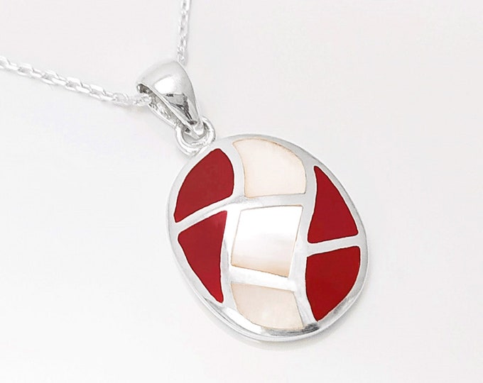 Red Oval Pendant, Sterling Silver, Bicolor Red Stone and White Mother of Pearl Modern Shell Necklace, Geometric Stone Wave Checkered Jewelry