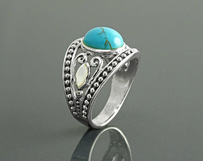 Blue Turquoise Ring, Sterling Silver, Turquoise & Mother of Pearl, Tribal Ring, Hipster Ring,Round Ring, Rope Ring, Boho jewelry, Blue Ring