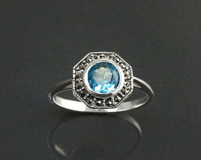Topaz Marcasite Ring, Sterling Silver, Vintage Octagonal Ring, Lab Blue Topaz Simulant, Retro Azure Stone Rings, Dainty Rings, Women Gifts