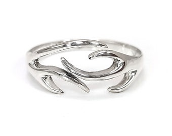 Sterling Silver Deer Antler Ring, Open Band Boho Nature Jewelry Size 7US FR54