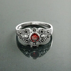 Garnet Marcasite Ring, Sterling Silver, Vintage Garnet Ring, Lab Red Garnet Simulant, Retro Maroon Stone Rings, Dainty Rings, Women Gifts