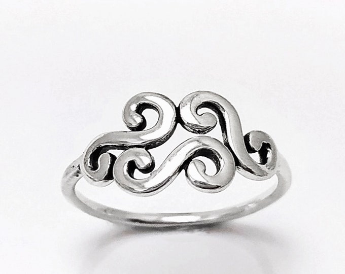 Antique Scrolls Ring, Sterling Silver, Scrolling Design Ring, Elegant Spiral Scroll Pattern Ring, Xmas Gift