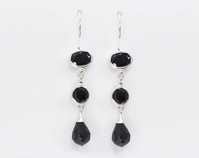 Black Drop Earrings, Sterling Silver, Black Cubic Cz Stones, Long silver Hooks earrings, Modern Dangle Stone Earrings